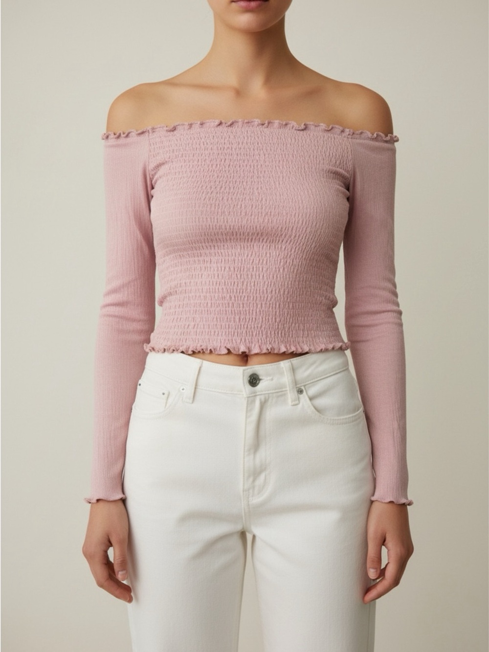 Off-the-Shoulder Light Pink Smocked Long Sleeve Top